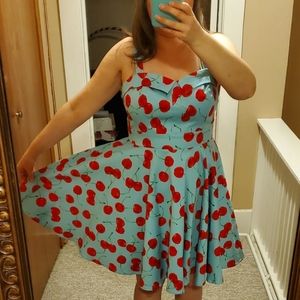 Tribal Rhythm Cherry Retro Dress Women's Medium ? Rockabilly Skater Blue Red